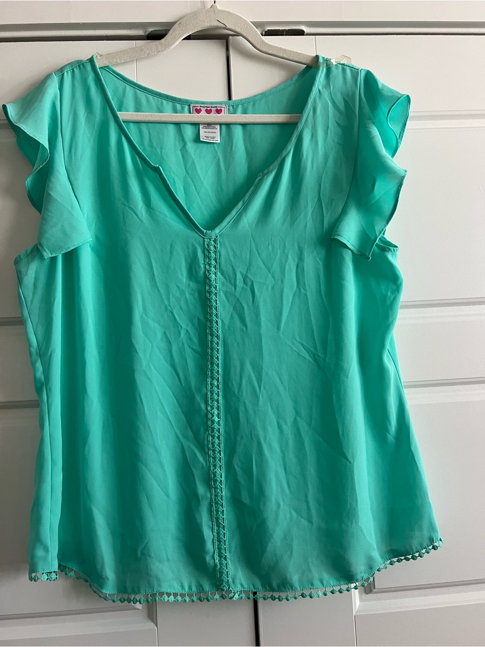 Three Hearts Mint Green V-Neck Flutter Sleeve Top